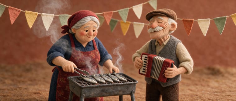 A felted scene of a woman grilling sardines at a village festival while an old man plays the accordion beside her, under paper bunting.